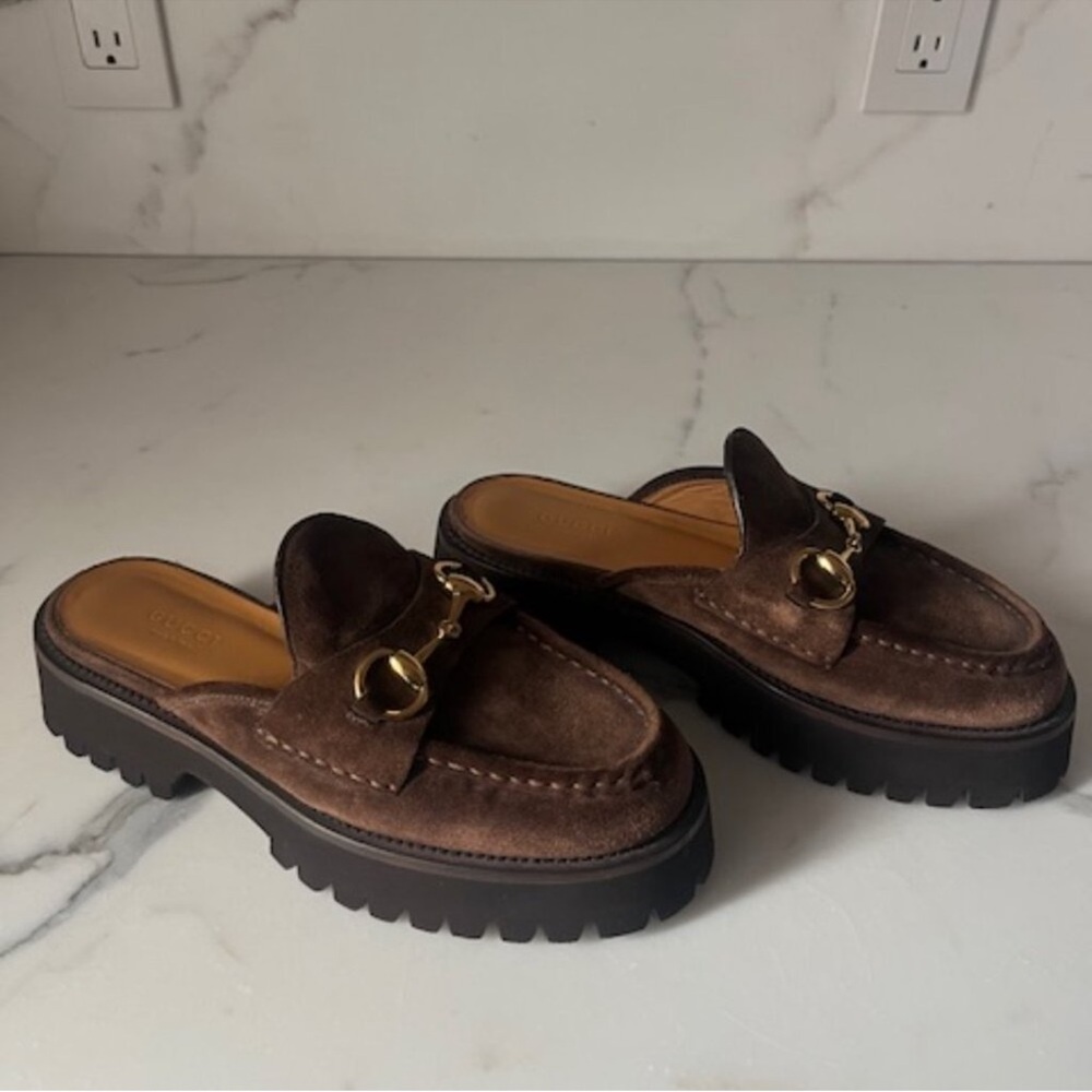 Gucci Sylke Horsebit Platform Mules Washed Brown Suede - Picture 5 of 10